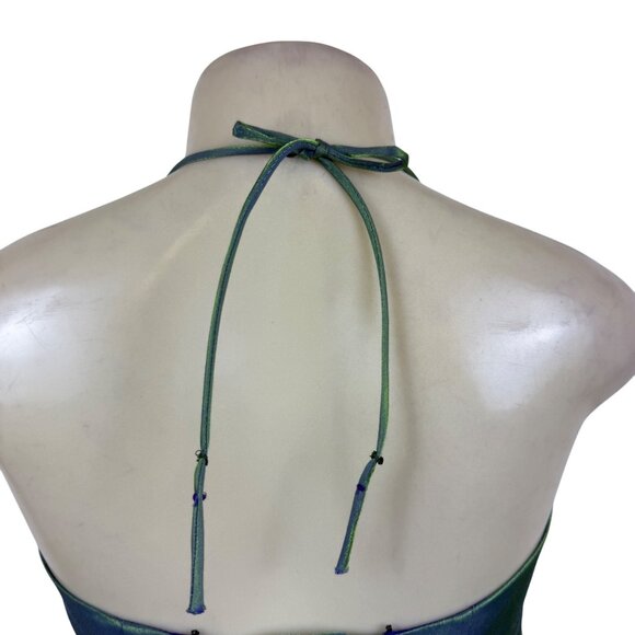 Nadine Green & Blue Iridescent Halter Maxi Dress Satin Back Tie Adjustable Sz 9 - Picture 6 of 11